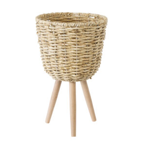 GloboStar® Artificial Garden LIMNOS 20299 Διακοσμητικό Πλεκτό Καλάθι – Κασπώ Γλάστρα – Flower Pot Μπεζ Φ26cm x Υ42cm