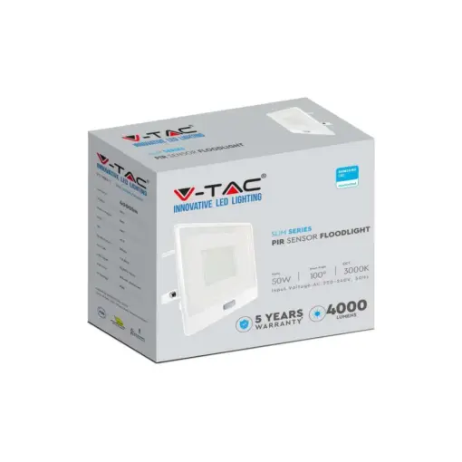 LED Προβολέας με Ανιχνευτή Κίνησης 50W V-TAC PRO Samsung Chip 100° 4000lm Λευκός με 1m καλώδιο IP65 Ψυχρό 6500K – 20303