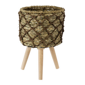 GloboStar® Artificial Garden SAMOS 20303 Διακοσμητικό Πλεκτό Καλάθι – Κασπώ Γλάστρα – Flower Pot Μπεζ με Καφέ Φ22cm x Υ34cm