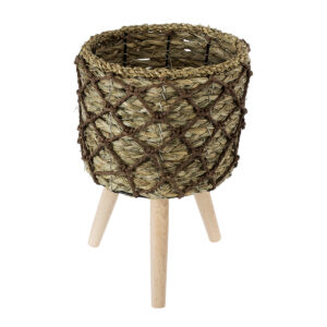 GloboStar® Artificial Garden SAMOS 20303 Διακοσμητικό Πλεκτό Καλάθι – Κασπώ Γλάστρα – Flower Pot Μπεζ με Καφέ Φ22cm x Υ34cm