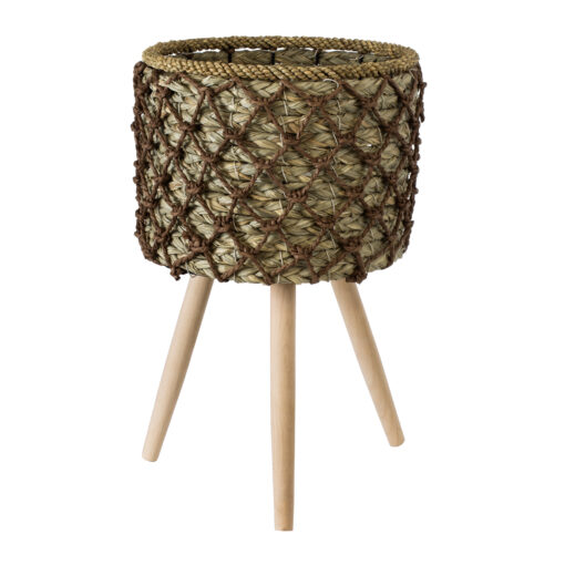 GloboStar® Artificial Garden SAMOS 20304 Διακοσμητικό Πλεκτό Καλάθι – Κασπώ Γλάστρα – Flower Pot Μπεζ με Καφέ Φ27cm x Υ45cm