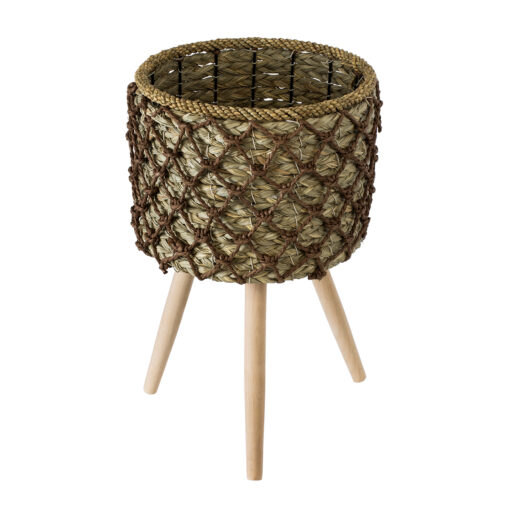 GloboStar® Artificial Garden SAMOS 20304 Διακοσμητικό Πλεκτό Καλάθι – Κασπώ Γλάστρα – Flower Pot Μπεζ με Καφέ Φ27cm x Υ45cm