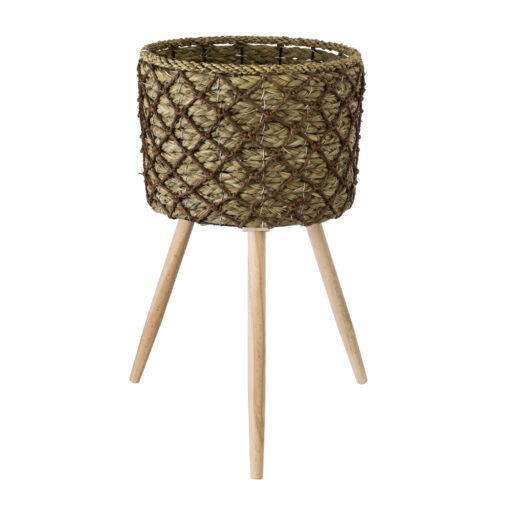 GloboStar® Artificial Garden SAMOS 20305 Διακοσμητικό Πλεκτό Καλάθι – Κασπώ Γλάστρα – Flower Pot Μπεζ με Καφέ Φ32cm x Υ58cm