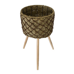 GloboStar® Artificial Garden SAMOS 20305 Διακοσμητικό Πλεκτό Καλάθι – Κασπώ Γλάστρα – Flower Pot Μπεζ με Καφέ Φ32cm x Υ58cm