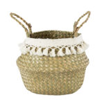 GloboStar® Artificial Garden MILOS 20306 Διακοσμητικό Ψάθινο Καλάθι – Κασπώ Γλάστρα – Flower Pot Μπεζ με Μακραμέ Φ17cm x Υ23cm