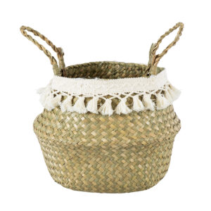 GloboStar® Artificial Garden MILOS 20306 Διακοσμητικό Ψάθινο Καλάθι – Κασπώ Γλάστρα – Flower Pot Μπεζ με Μακραμέ Φ17cm x Υ23cm