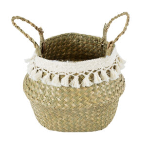 GloboStar® Artificial Garden MILOS 20306 Διακοσμητικό Ψάθινο Καλάθι – Κασπώ Γλάστρα – Flower Pot Μπεζ με Μακραμέ Φ17cm x Υ23cm