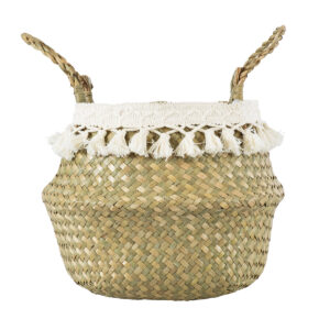 GloboStar® Artificial Garden MILOS 20306 Διακοσμητικό Ψάθινο Καλάθι – Κασπώ Γλάστρα – Flower Pot Μπεζ με Μακραμέ Φ17cm x Υ23cm