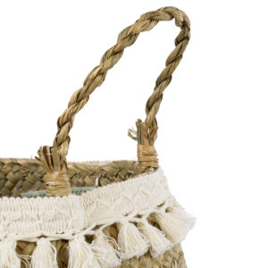 GloboStar® Artificial Garden MILOS 20306 Διακοσμητικό Ψάθινο Καλάθι – Κασπώ Γλάστρα – Flower Pot Μπεζ με Μακραμέ Φ17cm x Υ23cm