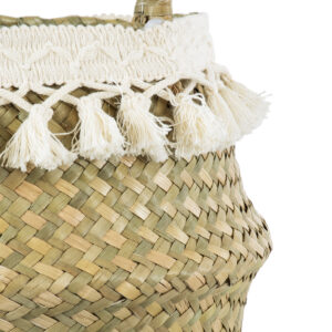 GloboStar® Artificial Garden MILOS 20306 Διακοσμητικό Ψάθινο Καλάθι – Κασπώ Γλάστρα – Flower Pot Μπεζ με Μακραμέ Φ17cm x Υ23cm