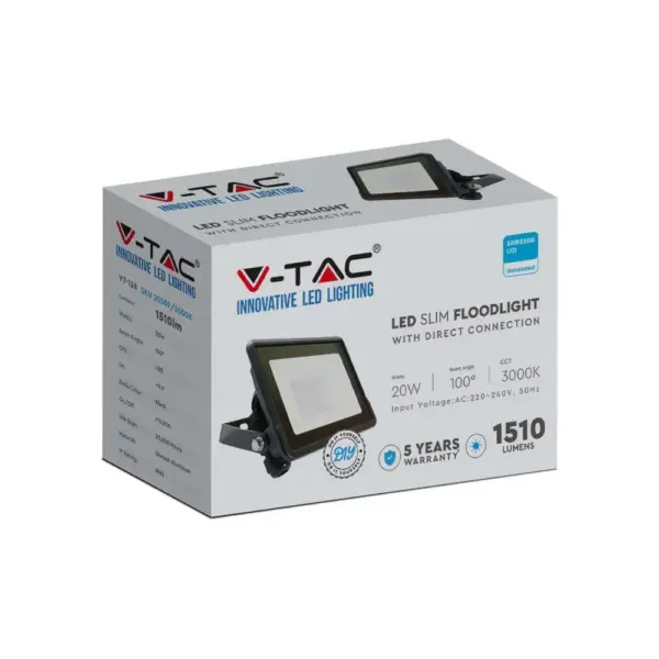 LED Προβολέας 20W V-TAC PRO Samsung Chip Μαύρος 100° 1510lm Αδιάβροχος IP65 Θερμό 3000K – 20307