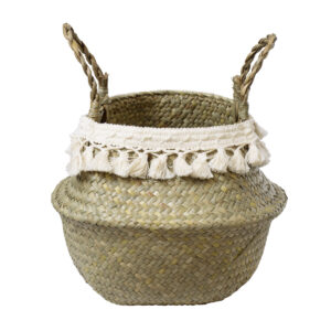 GloboStar® Artificial Garden MILOS 20307 Διακοσμητικό Ψάθινο Καλάθι – Κασπώ Γλάστρα – Flower Pot Μπεζ με Μακραμέ Φ21cm x Υ26cm