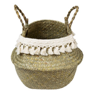 GloboStar® Artificial Garden MILOS 20307 Διακοσμητικό Ψάθινο Καλάθι – Κασπώ Γλάστρα – Flower Pot Μπεζ με Μακραμέ Φ21cm x Υ26cm
