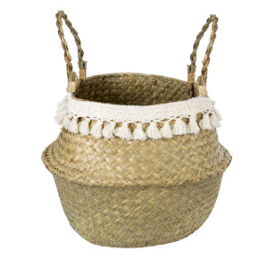 GloboStar® Artificial Garden MILOS 20308 Διακοσμητικό Ψάθινο Καλάθι – Κασπώ Γλάστρα – Flower Pot Μπεζ με Μακραμέ Φ32cm x Υ28cm