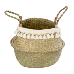 GloboStar® Artificial Garden MILOS 20308 Διακοσμητικό Ψάθινο Καλάθι – Κασπώ Γλάστρα – Flower Pot Μπεζ με Μακραμέ Φ32cm x Υ28cm