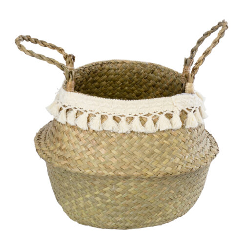 GloboStar® Artificial Garden MILOS 20308 Διακοσμητικό Ψάθινο Καλάθι – Κασπώ Γλάστρα – Flower Pot Μπεζ με Μακραμέ Φ32cm x Υ28cm