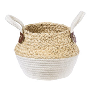 GloboStar® Artificial Garden KIMOLOS 20309 Διακοσμητικό Πλεκτό Καλάθι – Κασπώ Γλάστρα – Flower Pot Μπεζ με Λευκό Φ18cm x Υ21cm