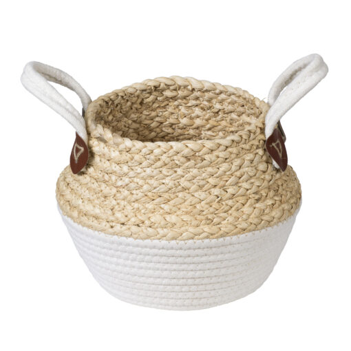 GloboStar® Artificial Garden KIMOLOS 20309 Διακοσμητικό Πλεκτό Καλάθι – Κασπώ Γλάστρα – Flower Pot Μπεζ με Λευκό Φ18cm x Υ21cm