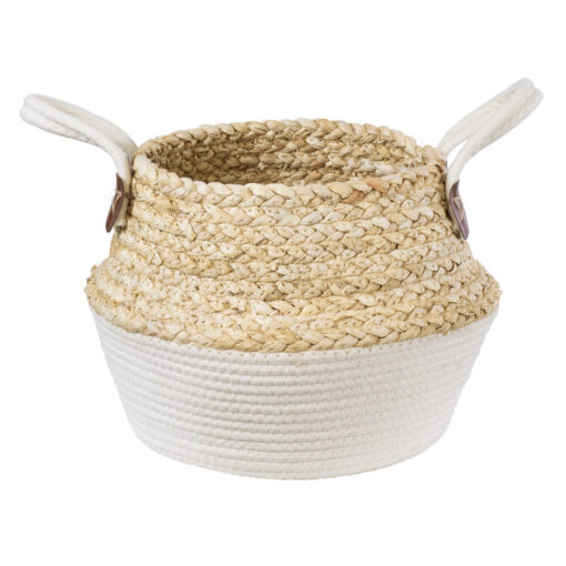 GloboStar® Artificial Garden KIMOLOS 20310 Διακοσμητικό Πλεκτό Καλάθι – Κασπώ Γλάστρα – Flower Pot Μπεζ με Λευκό Φ22cm x Υ26cm