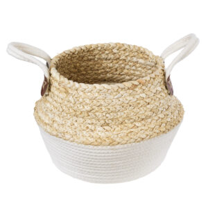 GloboStar® Artificial Garden KIMOLOS 20310 Διακοσμητικό Πλεκτό Καλάθι – Κασπώ Γλάστρα – Flower Pot Μπεζ με Λευκό Φ22cm x Υ26cm