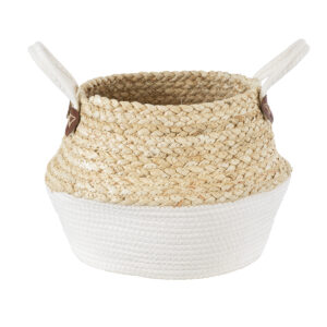 GloboStar® Artificial Garden KIMOLOS 20311 Διακοσμητικό Πλεκτό Καλάθι – Κασπώ Γλάστρα – Flower Pot Μπεζ με Λευκό Φ29cm x Υ30cm