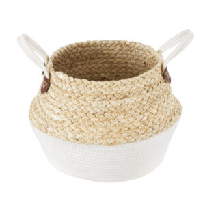 GloboStar® Artificial Garden KIMOLOS 20311 Διακοσμητικό Πλεκτό Καλάθι – Κασπώ Γλάστρα – Flower Pot Μπεζ με Λευκό Φ29cm x Υ30cm