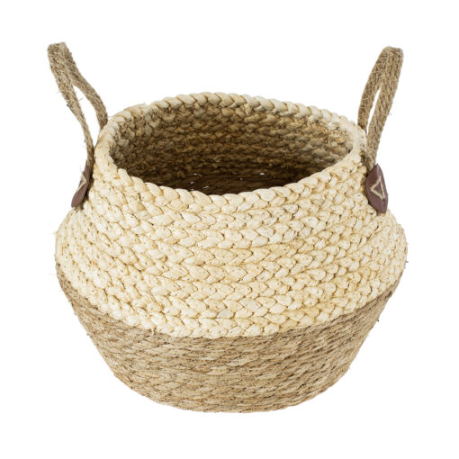 GloboStar® Artificial Garden ANDROS 20316 Διακοσμητικό Πλεκτό Καλάθι – Κασπώ Γλάστρα – Flower Pot Καφέ με Μπεζ Φ22cm x Υ26cm