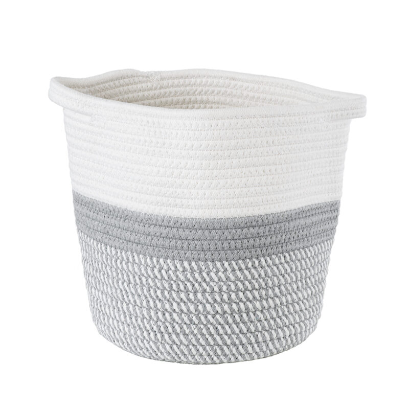 GloboStar® Artificial Garden POSITANO 20319 Διακοσμητικό Πλεκτό Καλάθι – Κασπώ Γλάστρα – Flower Pot Γκρι με Λευκό Φ25cm x Υ25cm