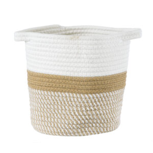 GloboStar® Artificial Garden ITHAKI 20323 Διακοσμητικό Πλεκτό Καλάθι – Κασπώ Γλάστρα – Flower Pot Καφέ με Λευκό Φ20cm x Υ20cm