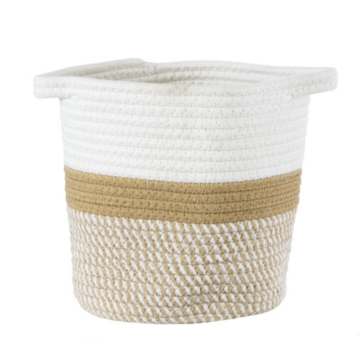 GloboStar® Artificial Garden ITHAKI 20323 Διακοσμητικό Πλεκτό Καλάθι – Κασπώ Γλάστρα – Flower Pot Καφέ με Λευκό Φ20cm x Υ20cm