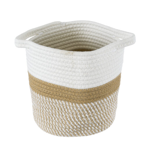 GloboStar® Artificial Garden ITHAKI 20323 Διακοσμητικό Πλεκτό Καλάθι – Κασπώ Γλάστρα – Flower Pot Καφέ με Λευκό Φ20cm x Υ20cm