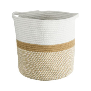 GloboStar® Artificial Garden ITHAKI 20325 Διακοσμητικό Πλεκτό Καλάθι – Κασπώ Γλάστρα – Flower Pot Μπεζ με Λευκό Φ30 x Υ30cm