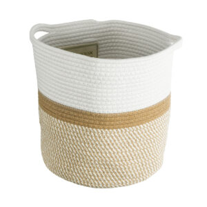 GloboStar® Artificial Garden ITHAKI 20325 Διακοσμητικό Πλεκτό Καλάθι – Κασπώ Γλάστρα – Flower Pot Μπεζ με Λευκό Φ30 x Υ30cm
