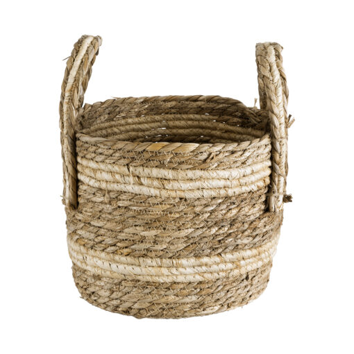 GloboStar® Artificial Garden NAXOS 20332 Διακοσμητικό Πλεκτό Καλάθι – Κασπώ Γλάστρα – Flower Pot Μπεζ με Καφέ Φ25cm x Υ20cm