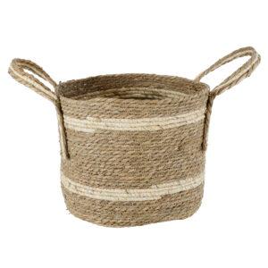GloboStar® Artificial Garden NAXOS 20334 Διακοσμητικό Πλεκτό Καλάθι – Κασπώ Γλάστρα – Flower Pot Μπεζ με Καφέ Φ35cm x Υ30cm