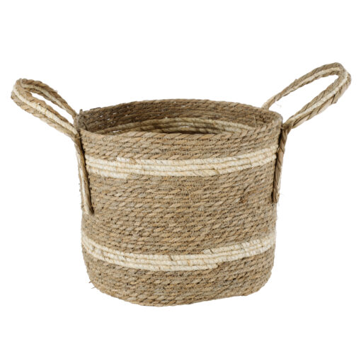 GloboStar® Artificial Garden NAXOS 20334 Διακοσμητικό Πλεκτό Καλάθι – Κασπώ Γλάστρα – Flower Pot Μπεζ με Καφέ Φ35cm x Υ30cm
