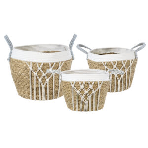 GloboStar® Artificial Garden SARDINIA 20335 ΣΕΤ 3 Διακοσμητικά Πλεκτά Καλάθια – Κασπώ Γλάστρες – Flower Pots Μπεζ με Μακραμέ A:Φ25cm x Υ20cm B:Φ30cm x Υ27cm C:Φ35cm x Υ30cm