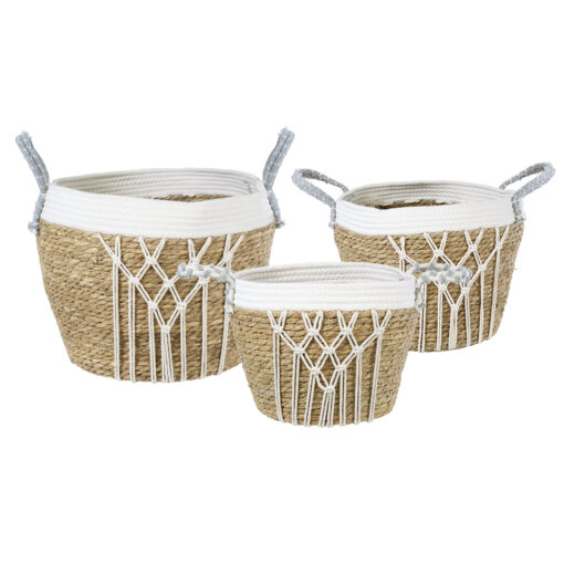 GloboStar® Artificial Garden SARDINIA 20335 ΣΕΤ 3 Διακοσμητικά Πλεκτά Καλάθια – Κασπώ Γλάστρες – Flower Pots Μπεζ με Μακραμέ A:Φ25cm x Υ20cm B:Φ30cm x Υ27cm C:Φ35cm x Υ30cm