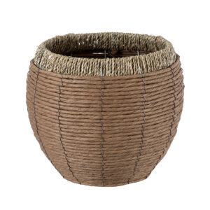 GloboStar® Artificial Garden AMORGOS 20337 Διακοσμητικό Πλεκτό Καλάθι – Κασπώ Γλάστρα – Flower Pot Μπεζ με Καφέ Φ25cm x Υ21cm
