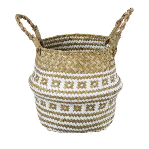 GloboStar® Artificial Garden SYMI 20338 Διακοσμητικό Ψάθινο Καλάθι – Κασπώ Γλάστρα – Flower Pot Μπεζ με Λευκό Φ18cm x Υ20cm