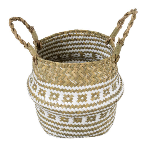 GloboStar® Artificial Garden SYMI 20338 Διακοσμητικό Ψάθινο Καλάθι – Κασπώ Γλάστρα – Flower Pot Μπεζ με Λευκό Φ18cm x Υ20cm