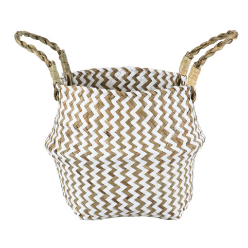 GloboStar® Artificial Garden IOS 20339 Διακοσμητικό Ψάθινο Καλάθι – Κασπώ Γλάστρα – Flower Pot Καφέ με Λευκό Φ18cm x Υ20cm