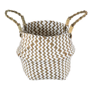 GloboStar® Artificial Garden IOS 20339 Διακοσμητικό Ψάθινο Καλάθι – Κασπώ Γλάστρα – Flower Pot Καφέ με Λευκό Φ18cm x Υ20cm