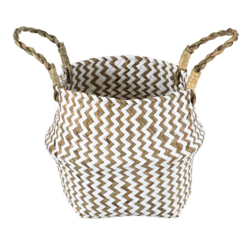 GloboStar® Artificial Garden IOS 20339 Διακοσμητικό Ψάθινο Καλάθι – Κασπώ Γλάστρα – Flower Pot Καφέ με Λευκό Φ18cm x Υ20cm