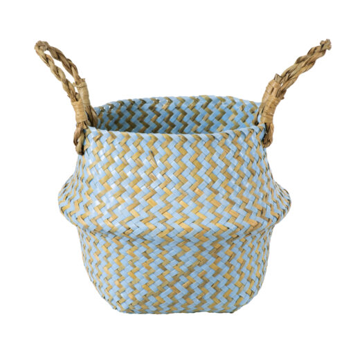 GloboStar® Artificial Garden SKYROS 20340 Διακοσμητικό Ψάθινο Καλάθι – Κασπώ Γλάστρα – Flower Pot Μπλε με Καφέ Φ18cm x Υ20cm