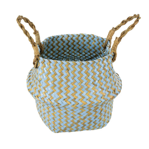 GloboStar® Artificial Garden SKYROS 20340 Διακοσμητικό Ψάθινο Καλάθι – Κασπώ Γλάστρα – Flower Pot Μπλε με Καφέ Φ18cm x Υ20cm