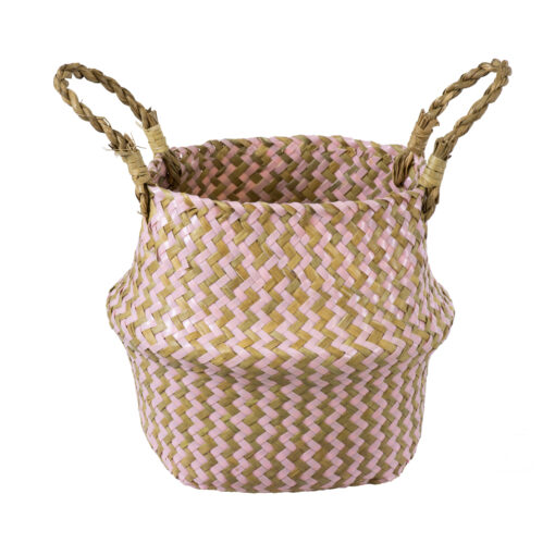 GloboStar® Artificial Garden LEROS 20341 Διακοσμητικό Ψάθινο Καλάθι – Κασπώ Γλάστρα – Flower Pot Ροζ με Καφέ Φ18cm x Υ20cm