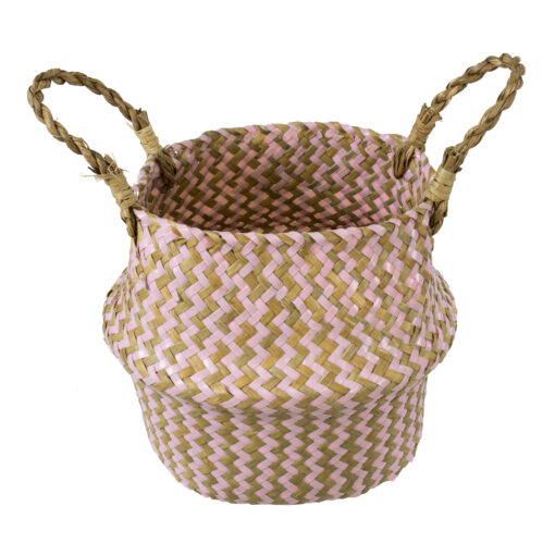 GloboStar® Artificial Garden LEROS 20341 Διακοσμητικό Ψάθινο Καλάθι – Κασπώ Γλάστρα – Flower Pot Ροζ με Καφέ Φ18cm x Υ20cm