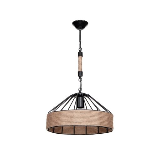 GloboStar® ZION 203-0003 Vintage Κρεμαστό Φωτιστικό Σχοινί Μονόφωτο 1 x E27 IP20 Μαύρο Μέταλλο με Μπεζ Σχοινί – Μ33 x Π33 x Υ90cm