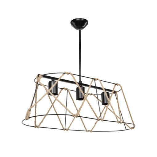 GloboStar® GATSBY 203-0006 Vintage Κρεμαστό Φωτιστικό Σχοινί Τρίφωτο 3 x E27 IP20 Μαύρο με Μπεζ Σχοινί – Μ60 x Π25 x Υ90cm